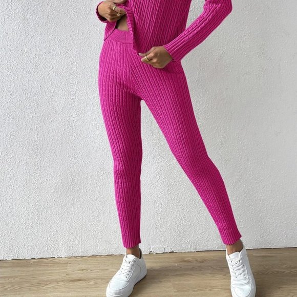 Pink Preppy Womens Turtle Neck Drop Shoulder Cable Knit Sweater & Knit Pants - Picture 4 of 5